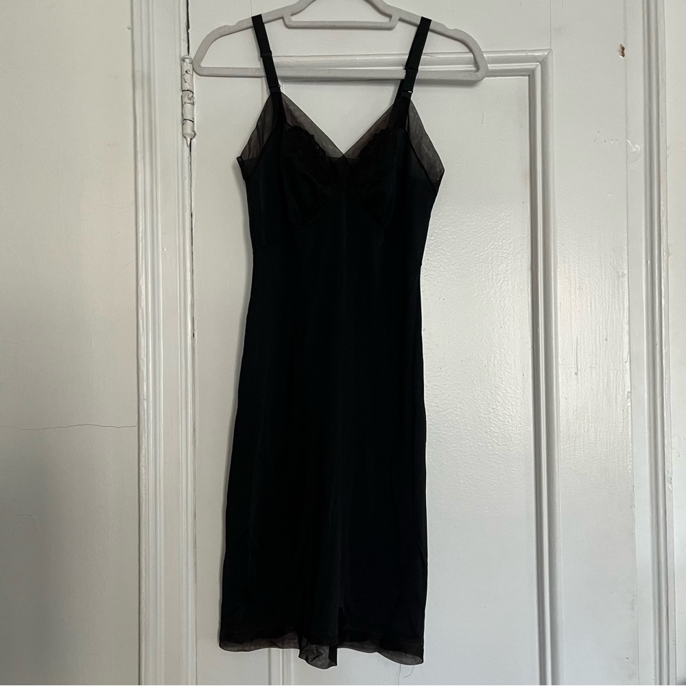 Vintage 1960s Kayser black slip nightgown lingerie dress mesh overlay